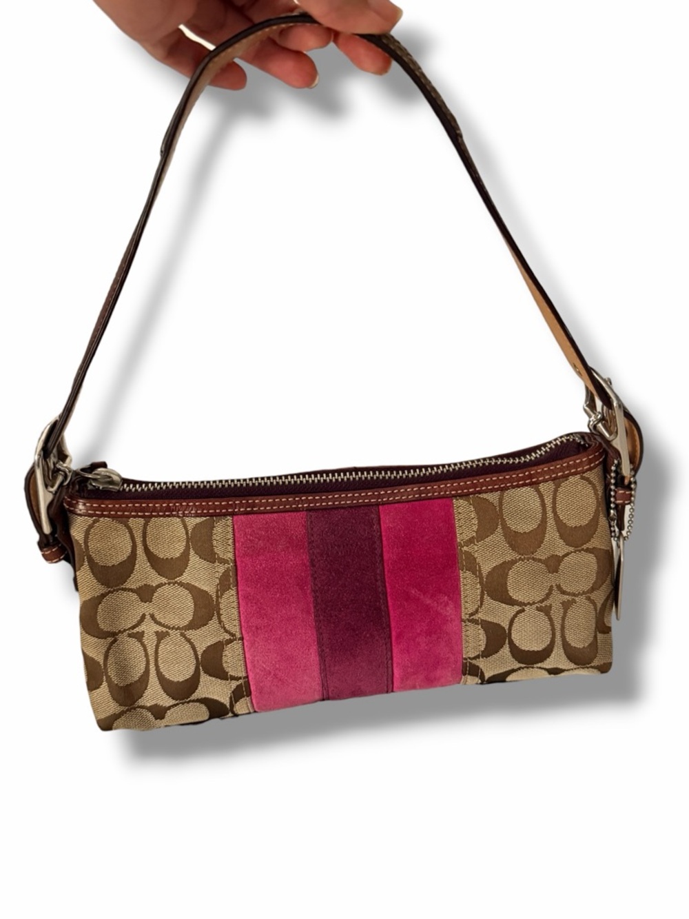 Coach Signature Stripe Suede Demi  Baguette Pink Brown Jacquard Y2K Handbag